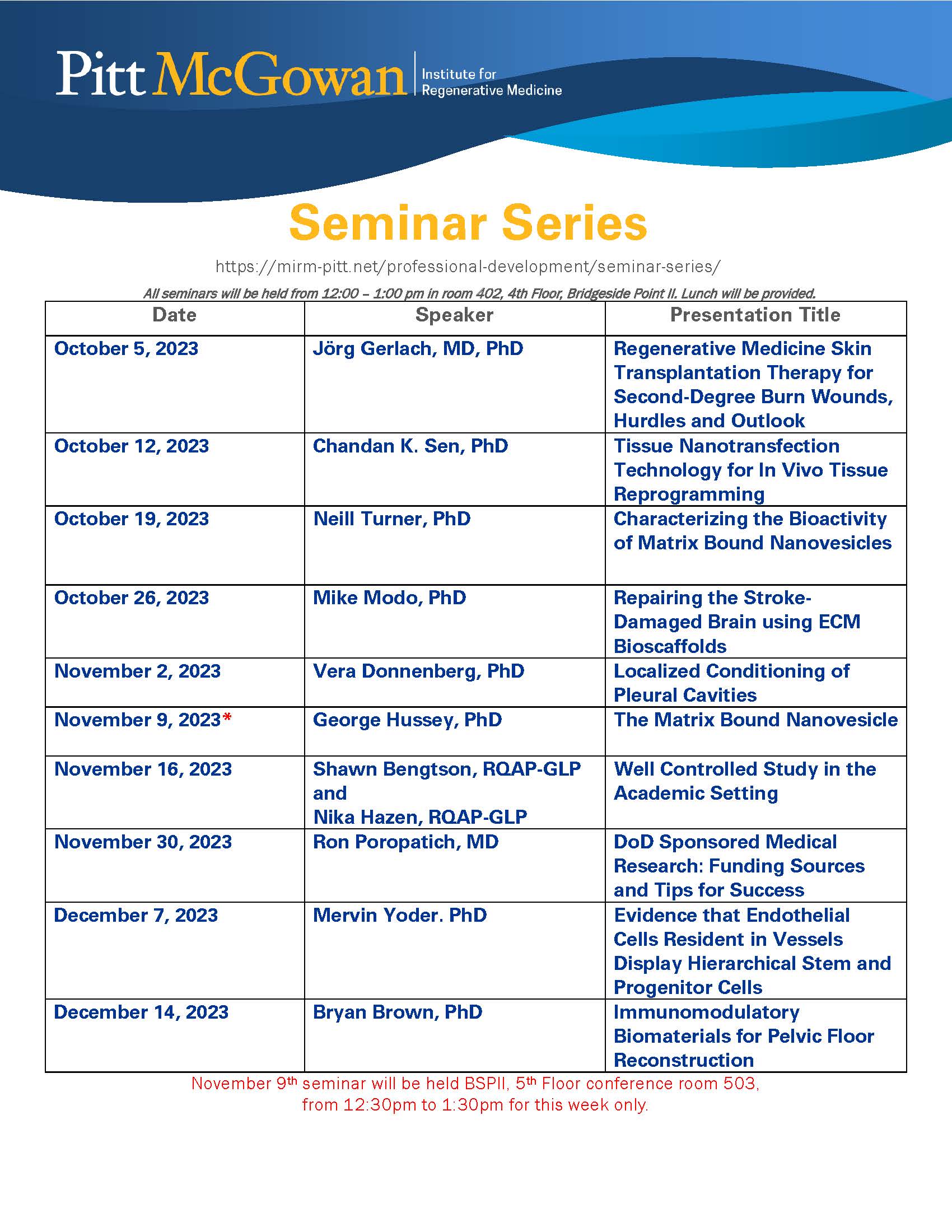 An image with the schedule of events for a scientific seminar series